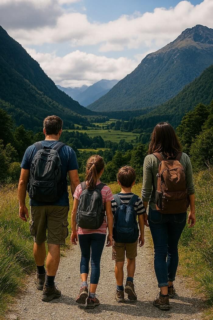 Family hiking in scenic mountain valley with lush greenery and towering peaks, outdoor adventure, nature walk, family travel, scenic landscape, New Zealand wilderness, hiking trail, mountain view.