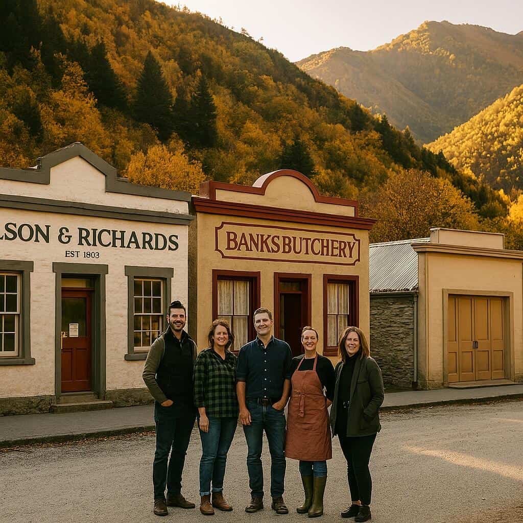 Historic Banks Butchery in Judge & Jury Village, surrounded by scenic mountain landscape. Group of people standing outside with vintage-style buildings, representing local heritage and New Zealand countryside charm.